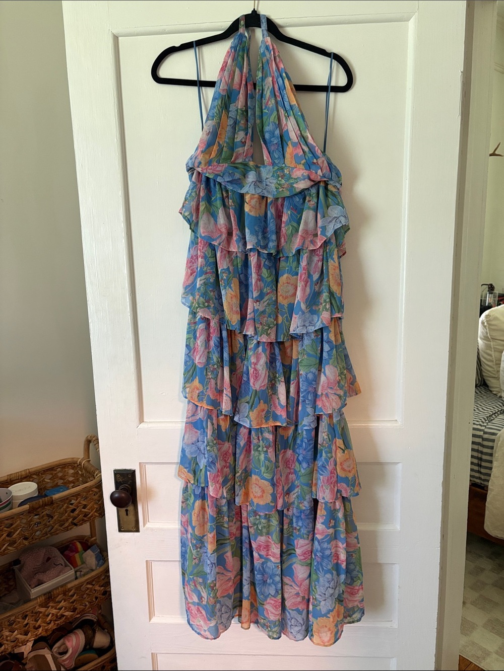 Olivaceous Blue Floral Tiered Halter Maxi Dress